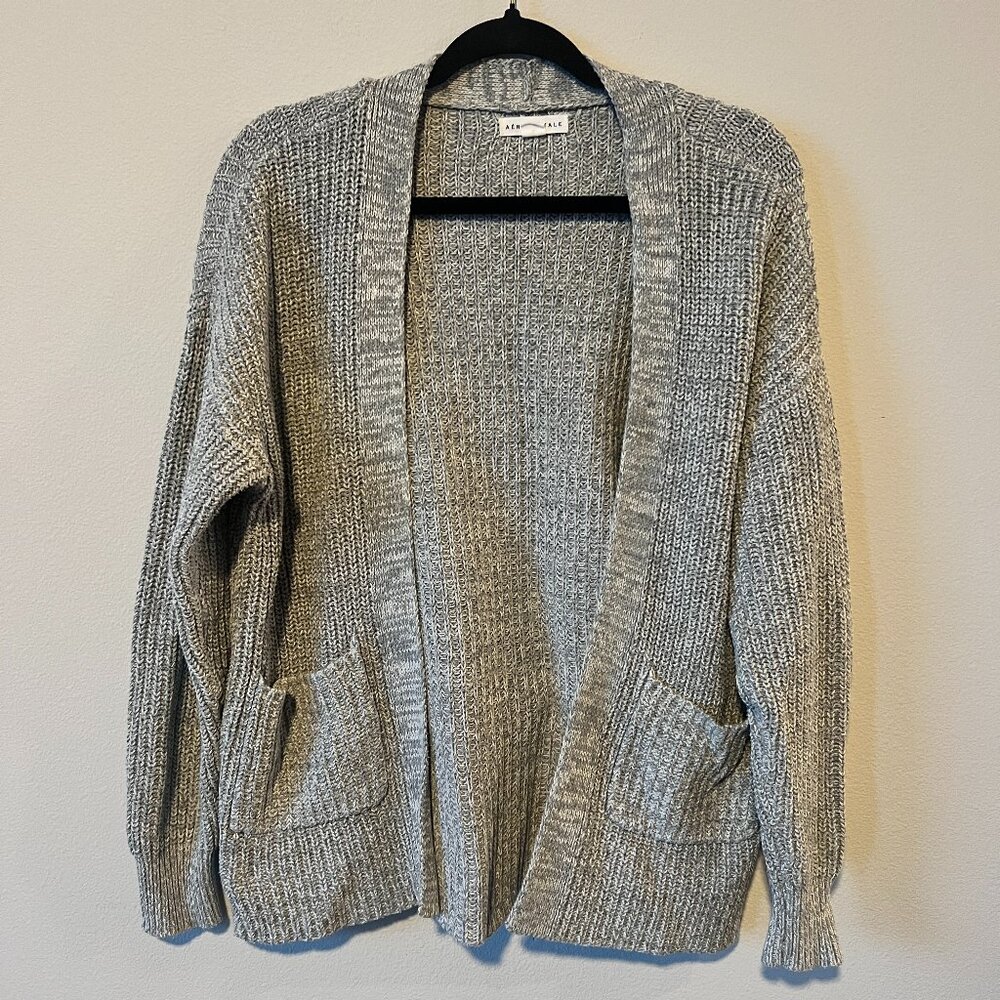 Aeropostale Gray and White Cardigan Open Front Dual Pocket Size Small